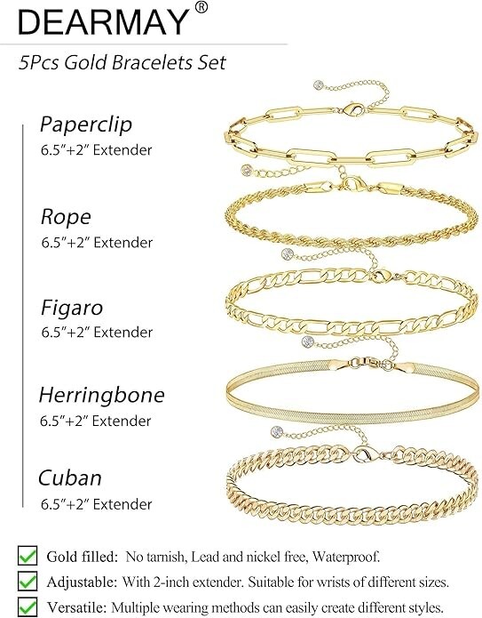 DEARMAY 14K Gold Bracelets for Women – Waterproof Dainty Stackable Chain Set
