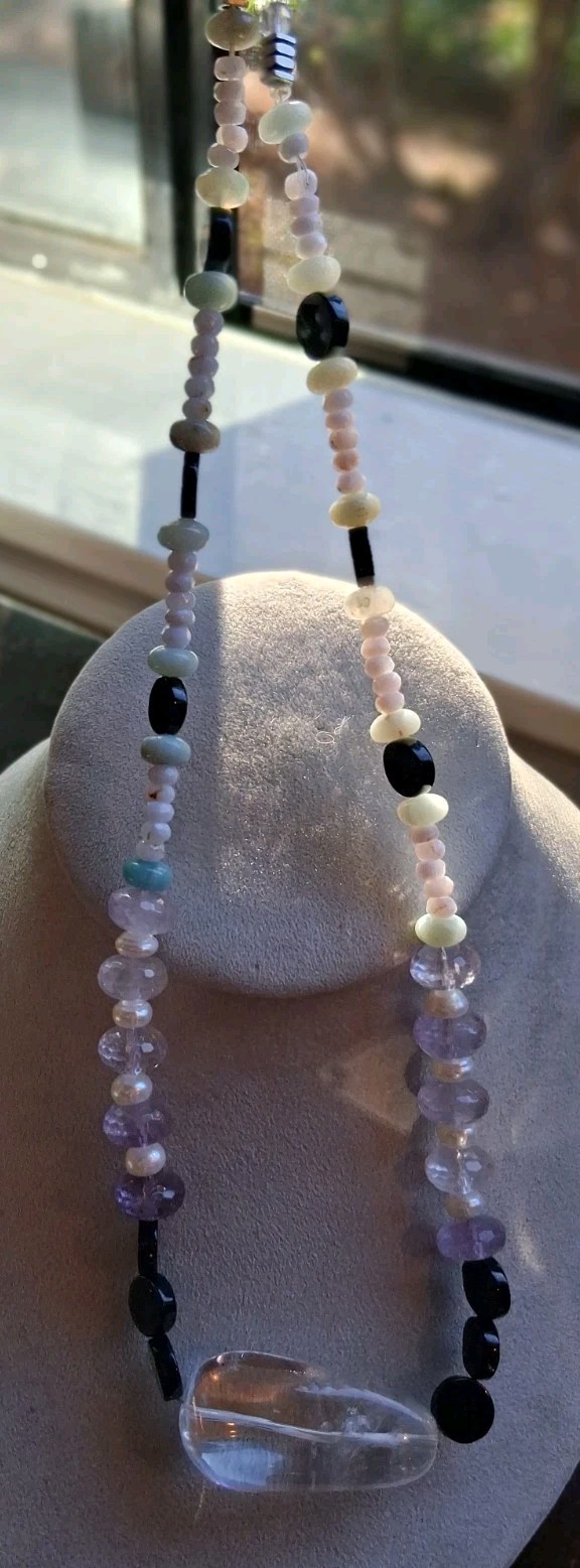 Rock Crystal Pendant, Amethyst, Peruvian Opal, Pearl, Artisan Gemstone Ncklc 18″