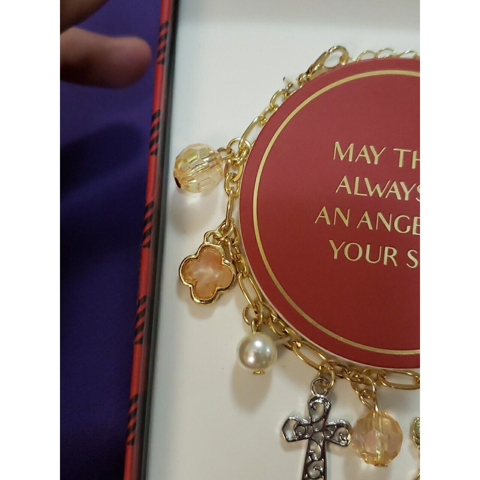Gold Tone Charm Bracelet With Angels Crosses Faux Pearls & Pale Peach Beads, New