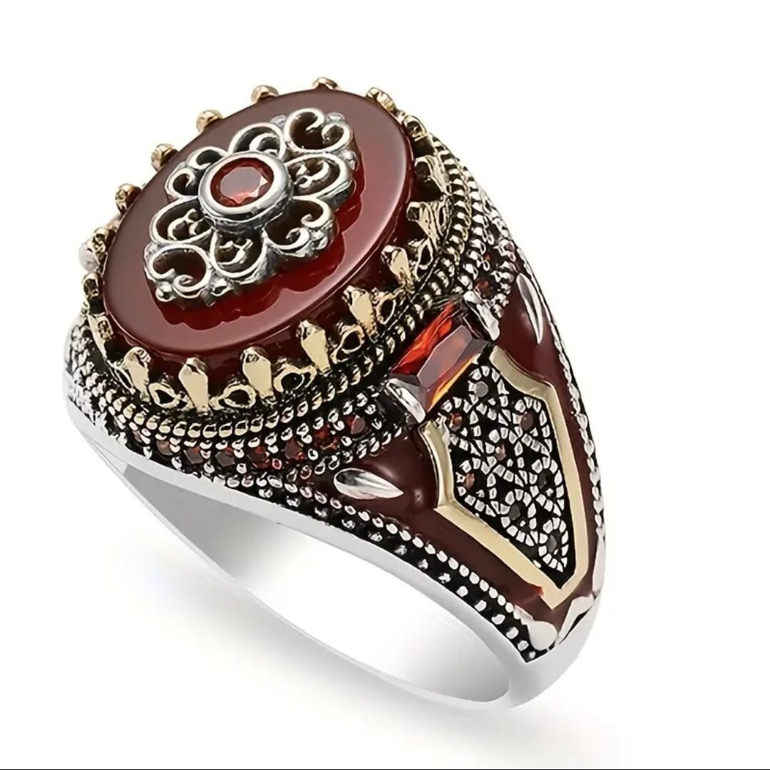 1pc Vintage Silvery Crown Men’s Ring, Engraved Eagle Print Red Synthetic Gemston