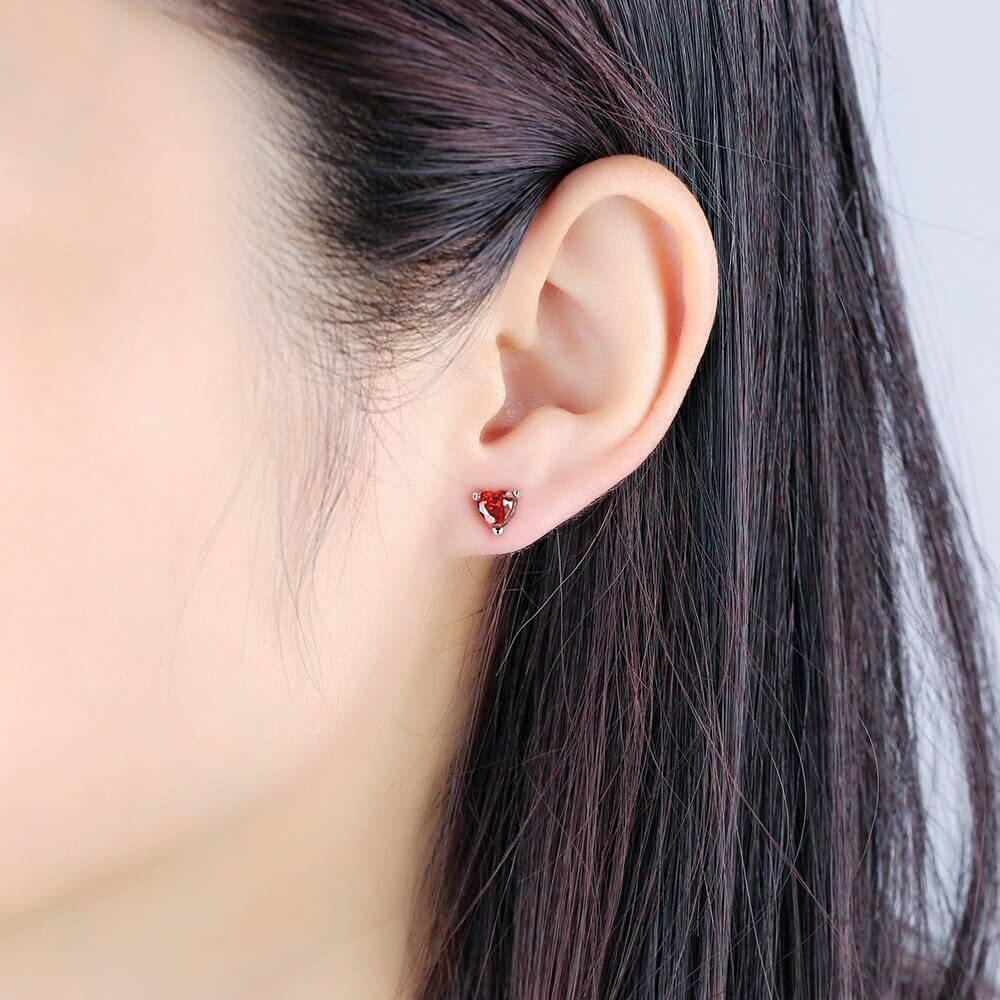 Solid Sterling Silver Red Heart CZ Shaped Stud Earrings 5MM Cubic Zirconia