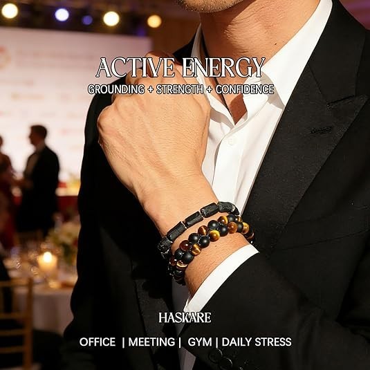 8mm Triple Protection Bracelet Natural Tiger Eye Black Onyx Lava Rock For Men