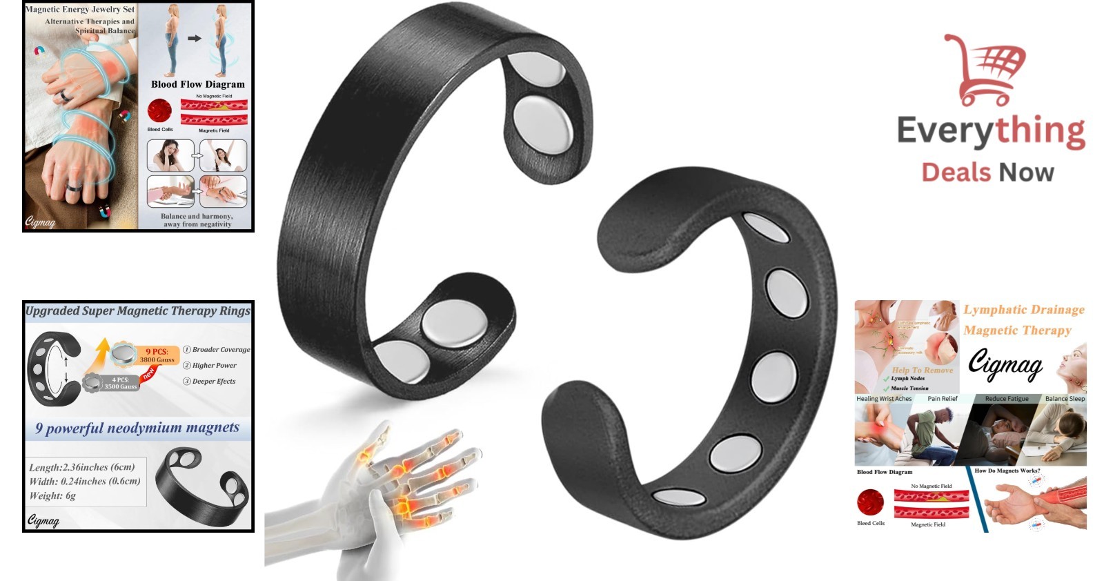 9X Magnetic Copper Rings Women Men Adjustable Solid Pure Copper Ring Arthritis