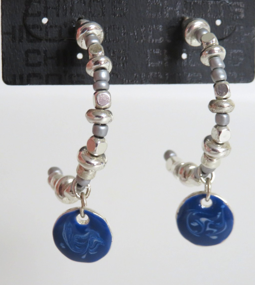 New Chico’s Silver Beaded 1/2 Hoop Earrings with Blue Enamel Dangle Accent