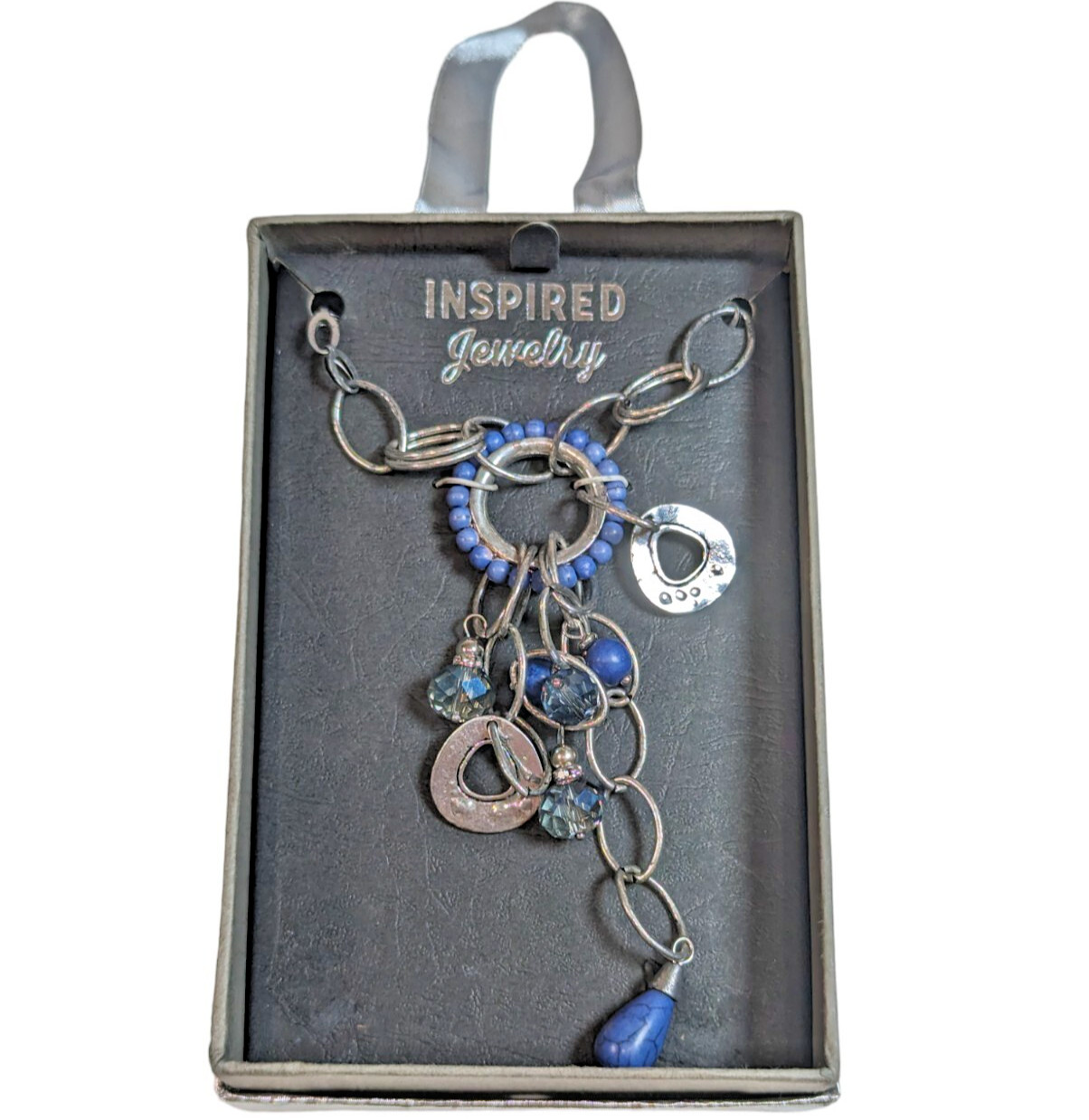Women’s Inspired Jewelry Silver Tone & Blue Beads Crystals 26″ Necklace W/ Box