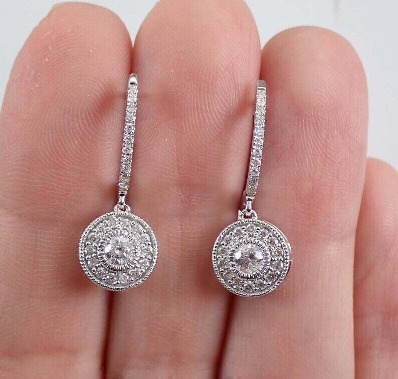 Clip On Drop Earring In 14K White Gold Plated 1.20Ct Round Cut Simulated Diamond