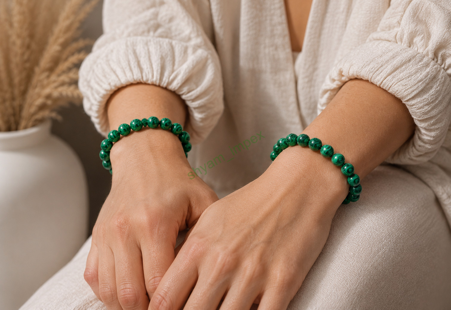 Natural Malachite Beaded Stretch Bracelet Green Gemstone Crystal Healing Jewelry
