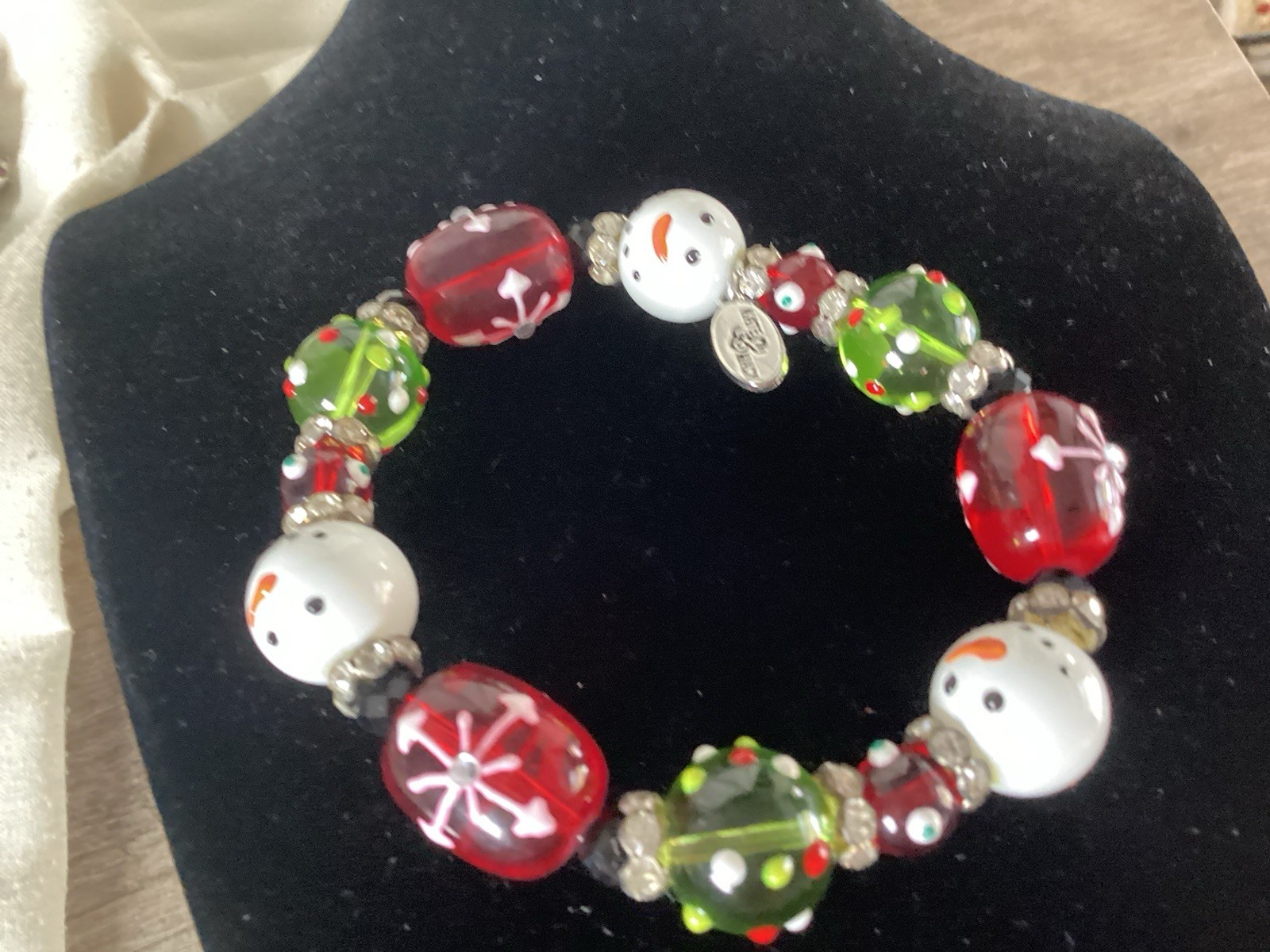 Kate /Macy Sparkling Snowman Design Painted Glass / Acrylic Beads Rhinestones