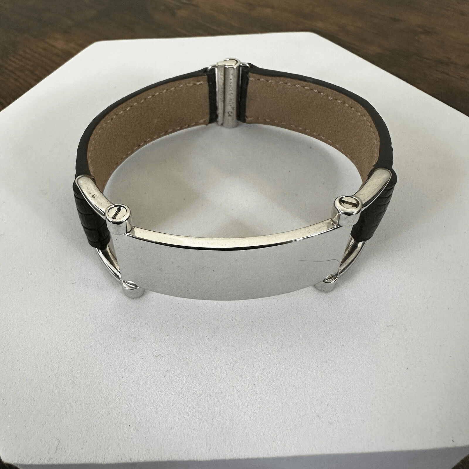 Authenticated Celine Plaque Leather Bracelet In Lizard And Brass