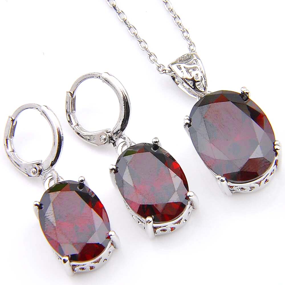 Oval Shaped 2 pcs Natural Fire Red Garnet Gems Silver Hook Pendant Earrings Set