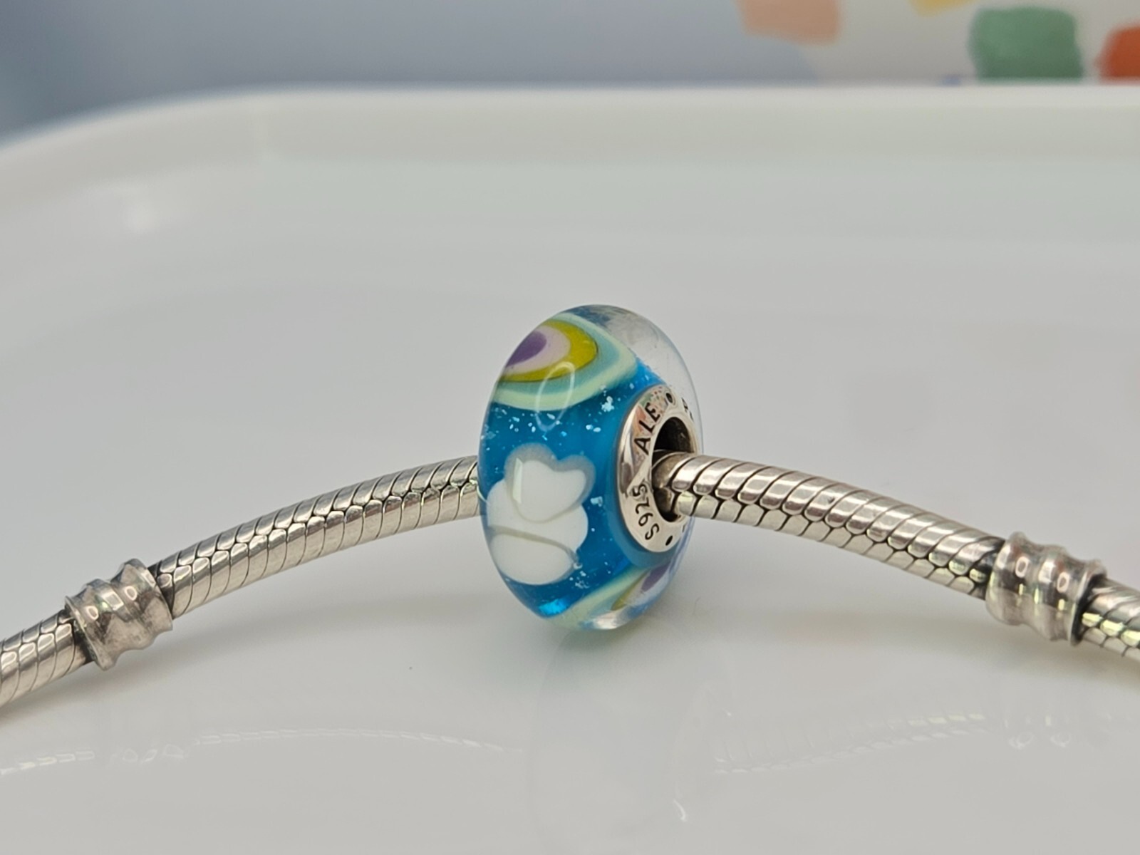 Authentic Pandora Blue Murano Rainbow Murano Glass Silver Charm