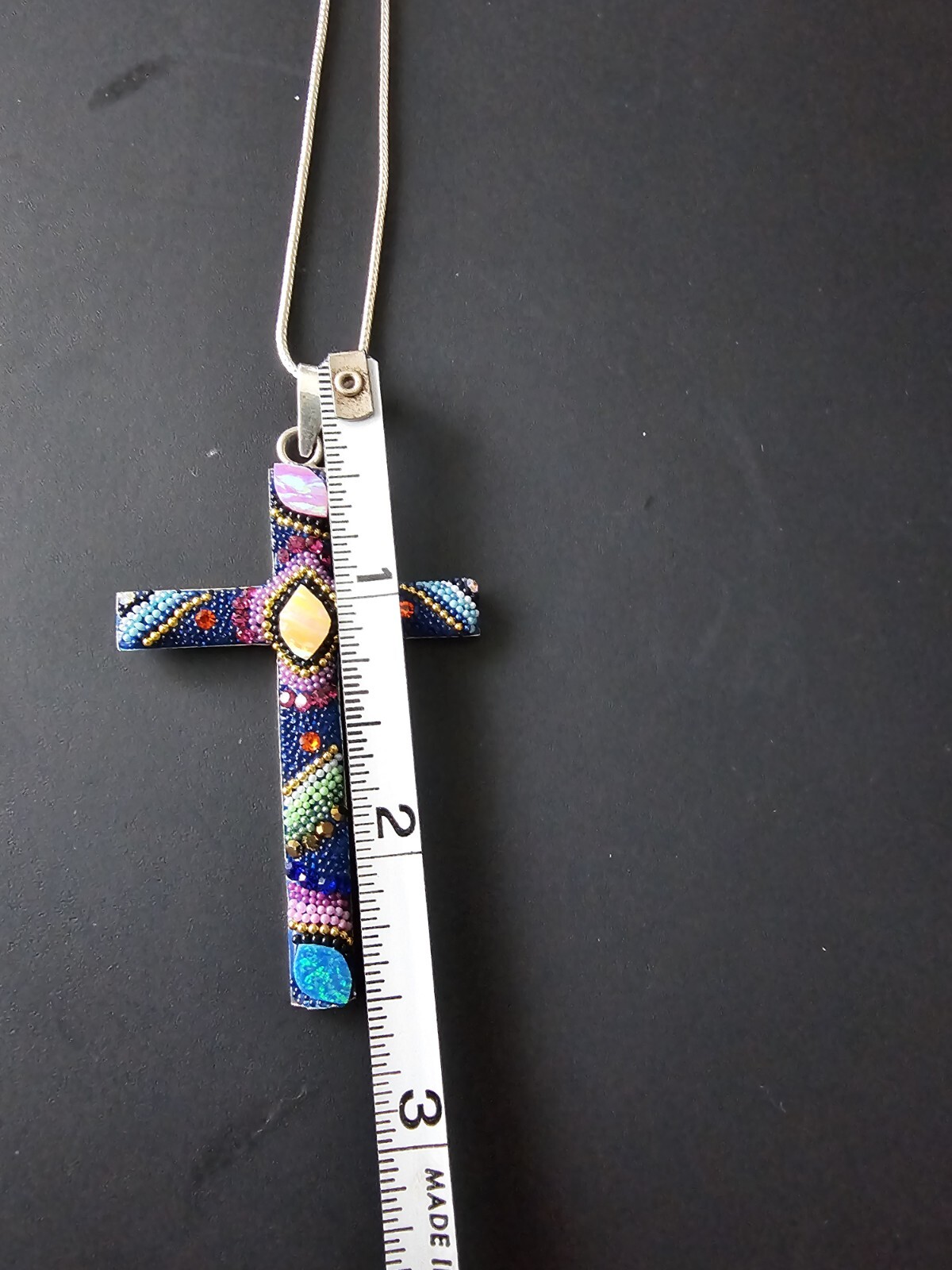 Cross Silver/Multicolored Beaded Man Made Opals W/Ajustable Chain Stamped 925