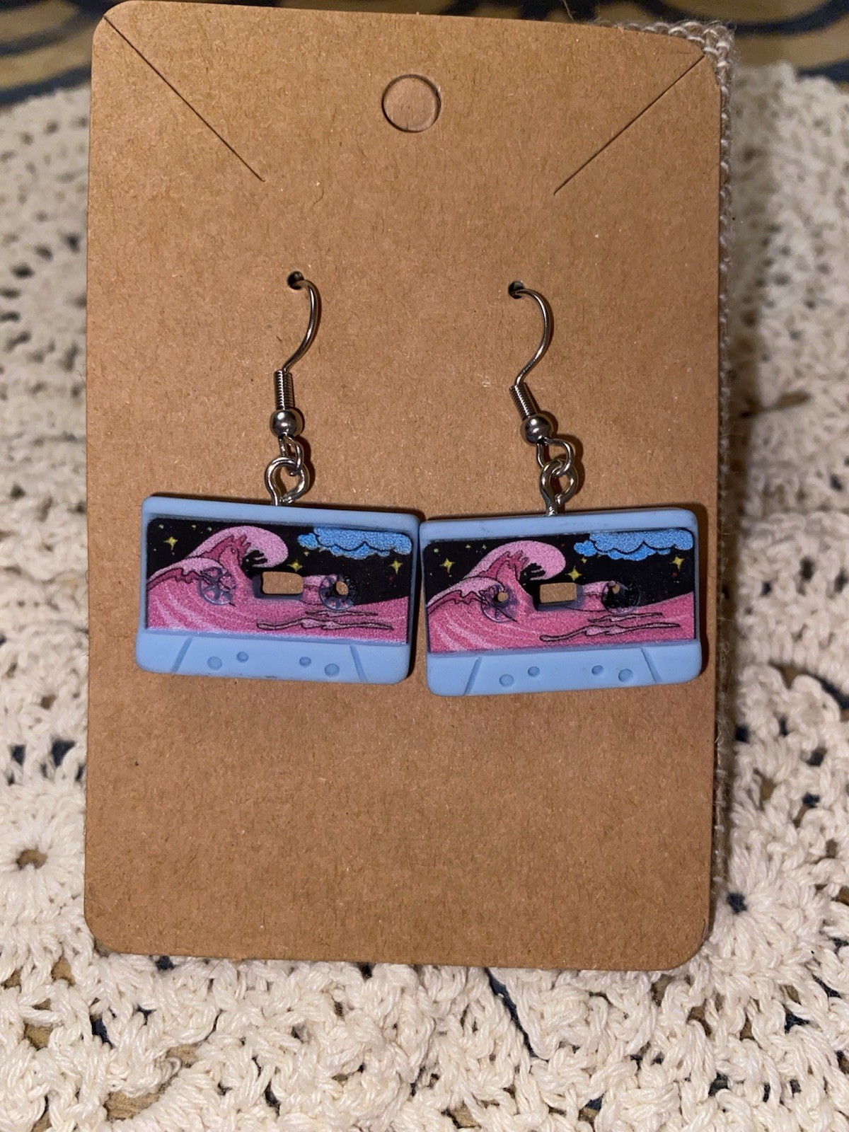 Ocean Wave Cassette Tape Dangle Hook Earrings Retro 80s 90s Kawaii