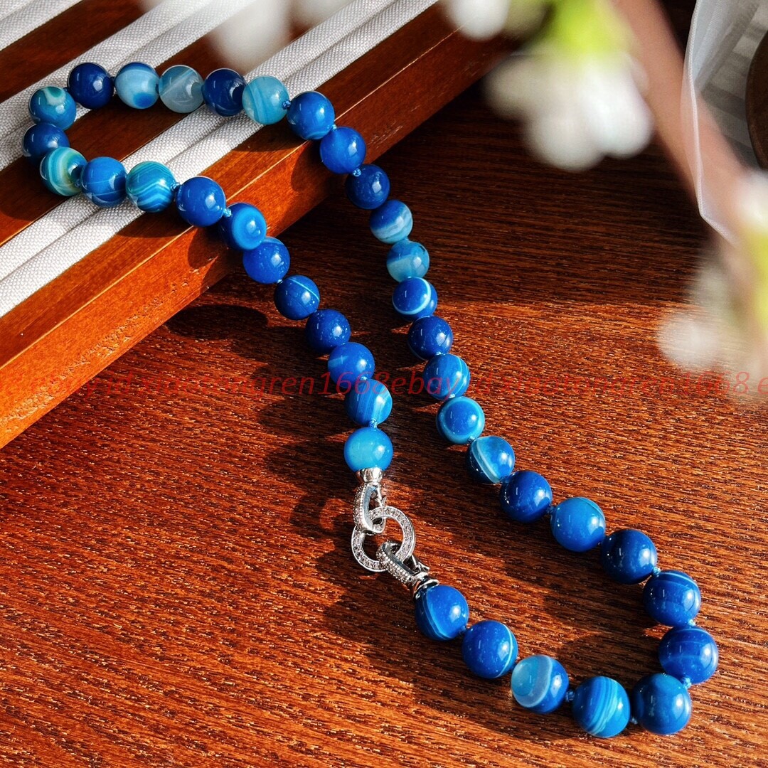 Natural Jewelry 10mm Blue Striped Agate Round Gemstone Beads Necklace 16-48” AA