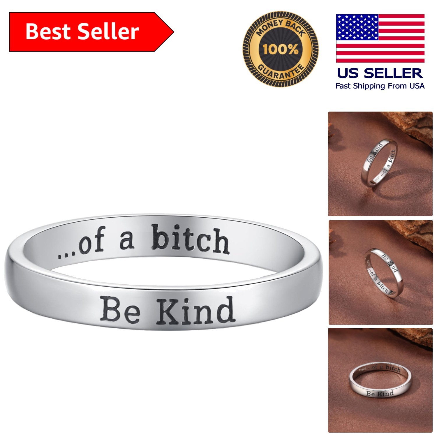 Cheeky Engraved Silver Ring 925 – Be Kind Of A Bitch as a Motivational Reminder