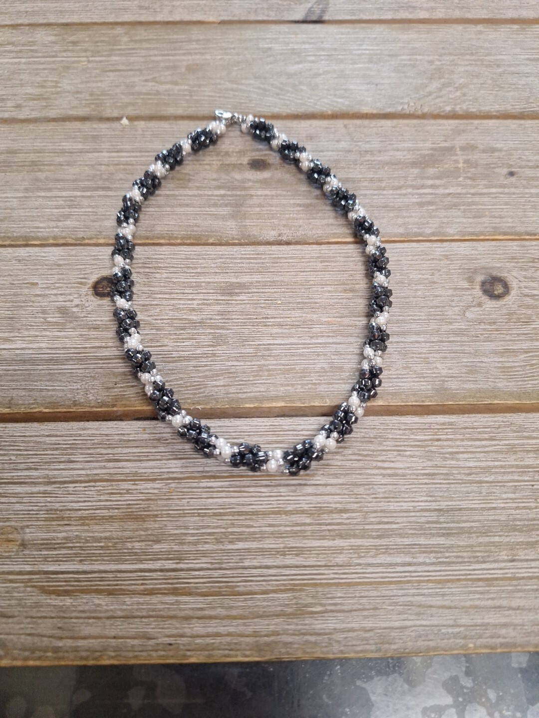 White and Black Beaded Rope Necklace sz 17in