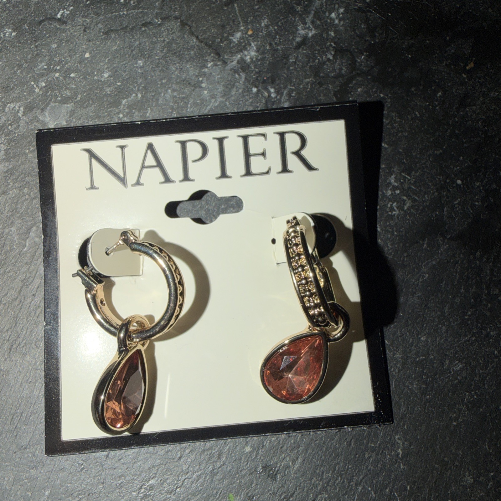 Napier Gold Tone Hoop Earrings w/ Pink Teardrop Crystal Dangle Pierced NWT