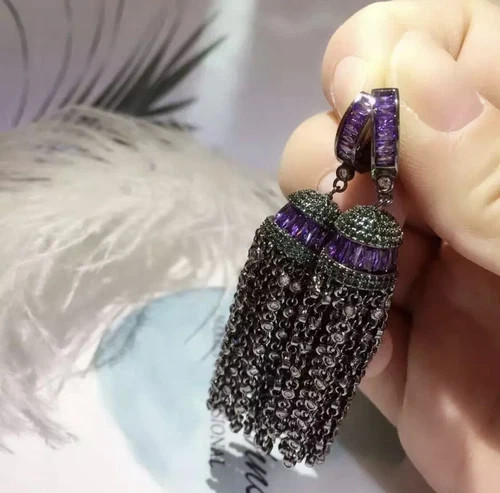 18k Black Rhodium Filled Purple Amethyst Gemstone Long Tassel Earrings Gorgeous