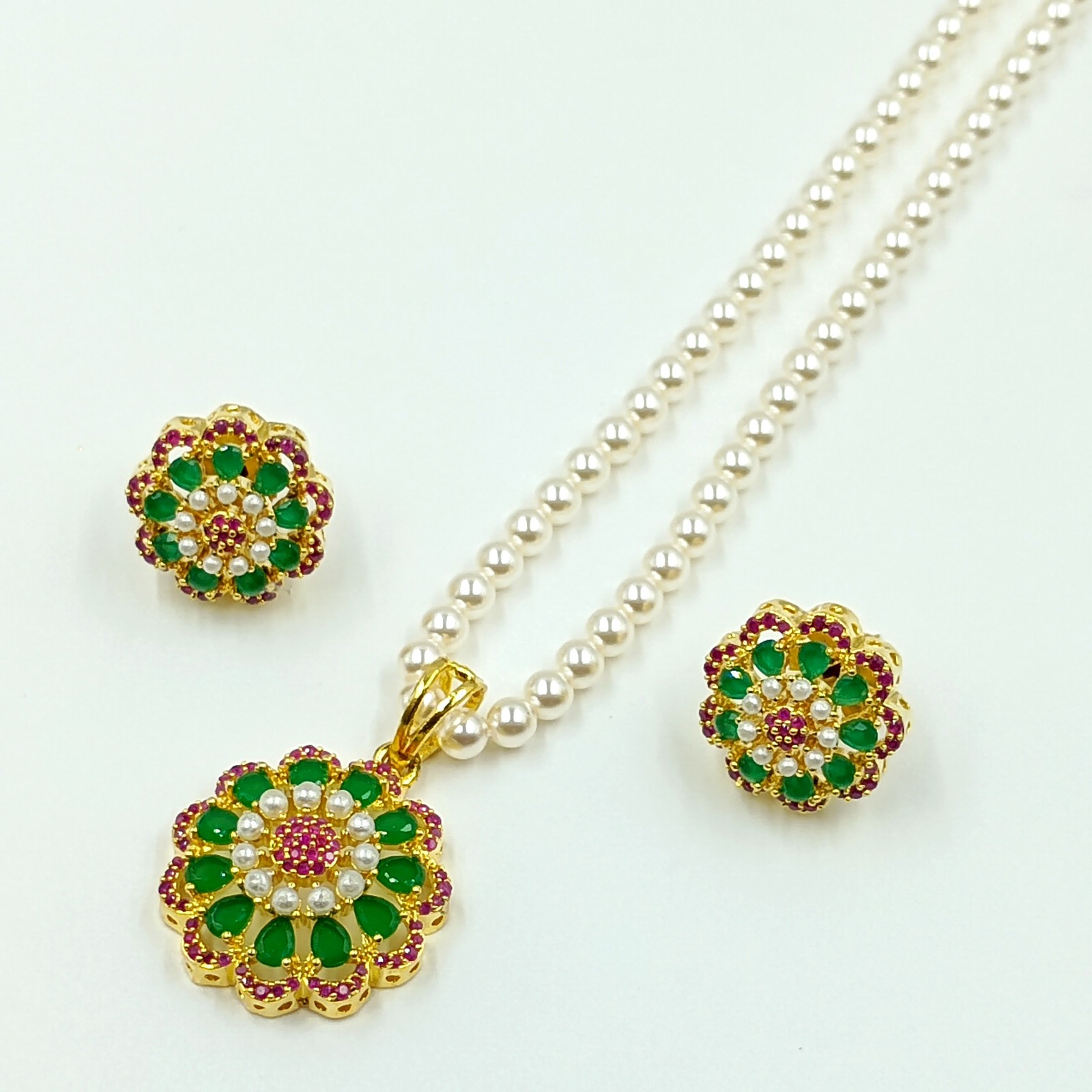 Ruby Emerald Pearl Pendant Set 22k Gold Plated Traditional South Indian