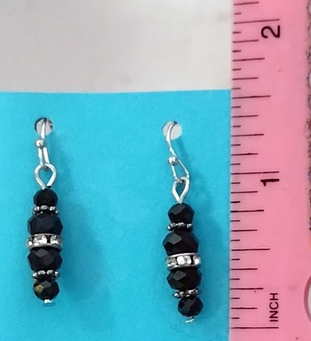 Handcrafted SILVERTONE BLACK BEADS Dangle Earrings HYPOALLERGENIC LOOPS STOPPERS