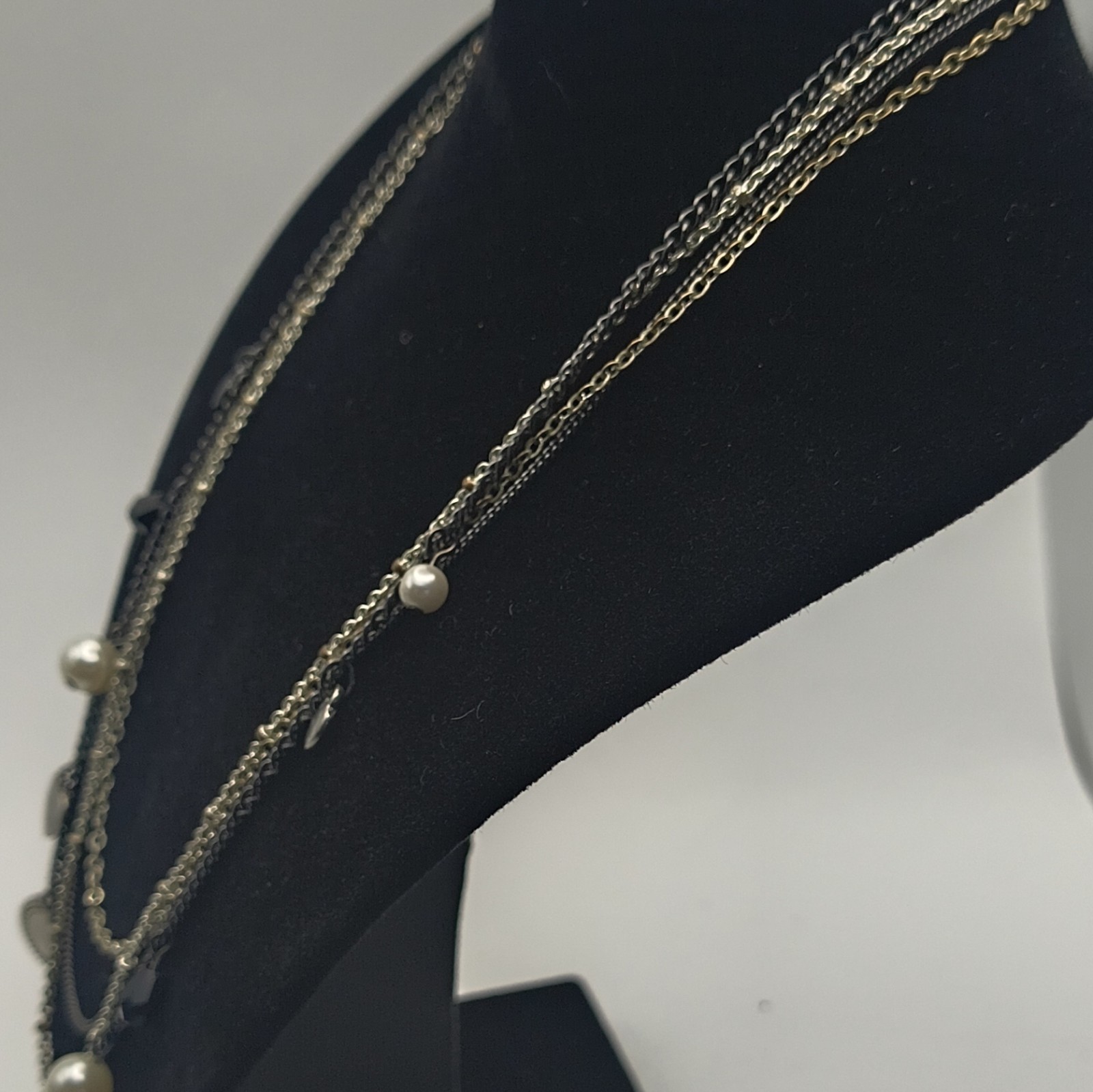 Express Gold Tone Layered Cable Chain Necklace Pearl Crystal Heart Charm Signed