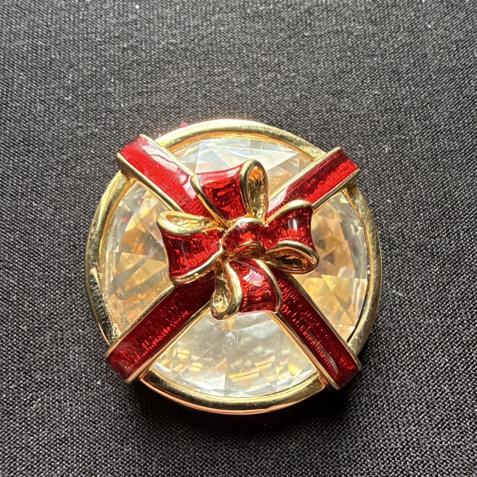 Swarovski Signed Gold Tone Red Enamel Round Crystal Present Gift Brooch Pin