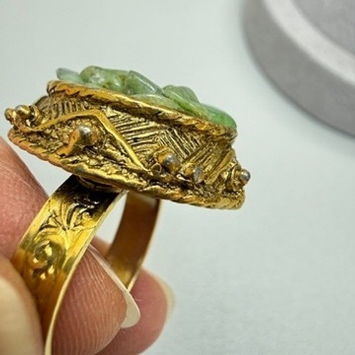 Vintage Gold Tone Green Stone Ring and Bracelet Set MCM Etruscan Revival Chic