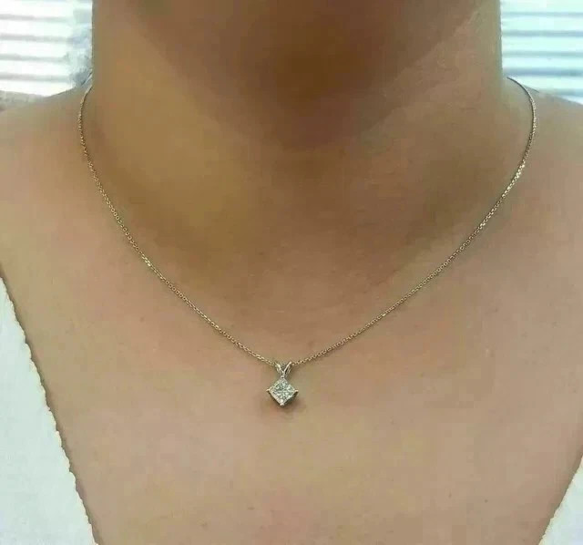 2CT Princess Cut Lab Created Diamond 14k White Gold Plated Solitaire Pendant