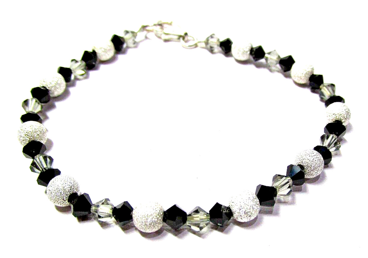 Silver Plated Black & Gray Crystal 7″ Bracelet & Pierced Earrings – NEW (#1835)