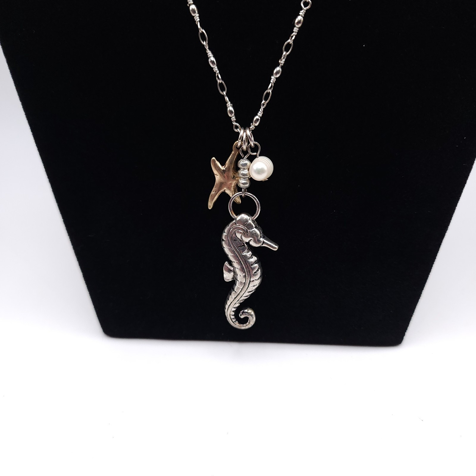 Silver Seahorse Pendant Necklace Starfish Faux Pearl Coastal 32in