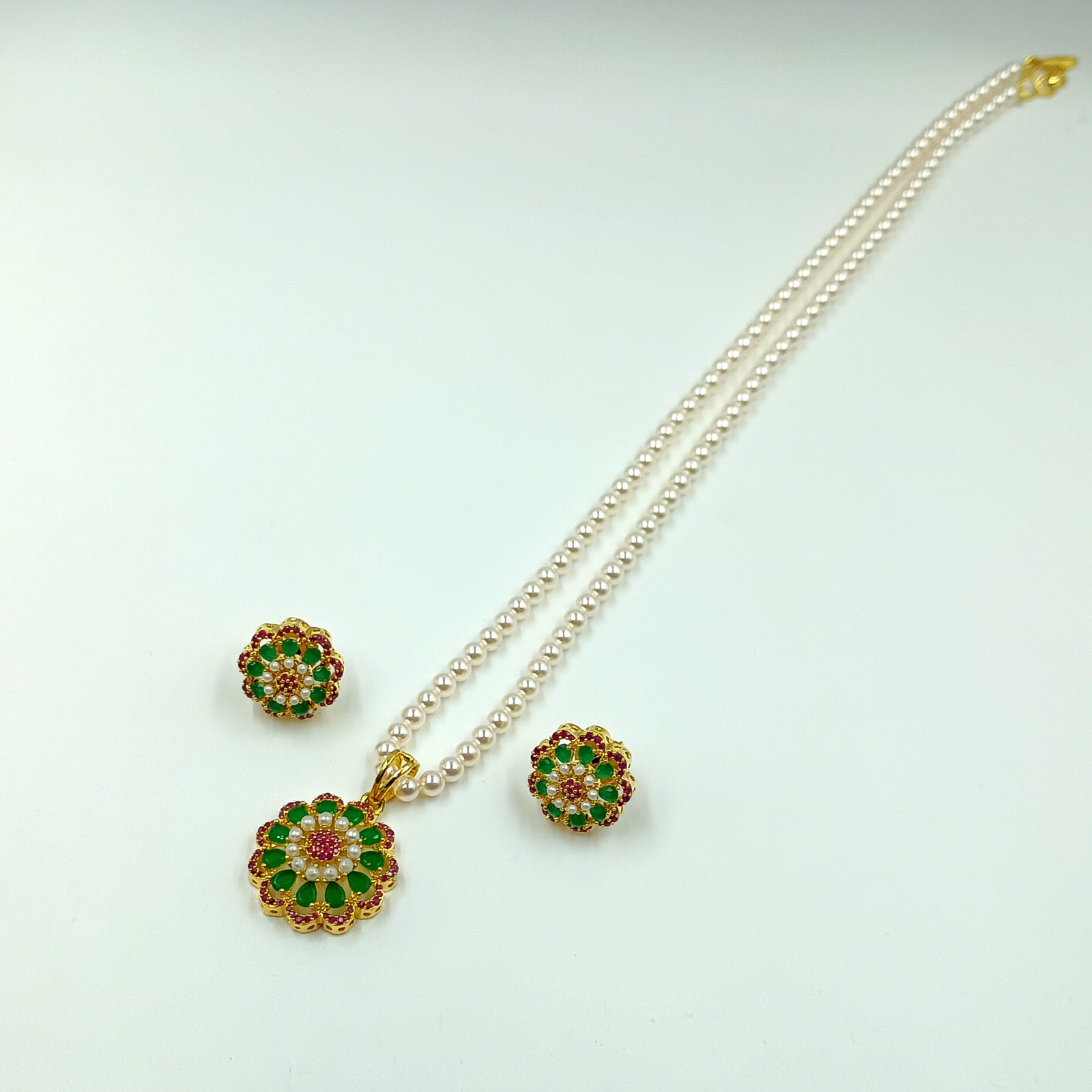Ruby Emerald Pearl Pendant Set 22k Gold Plated Traditional South Indian