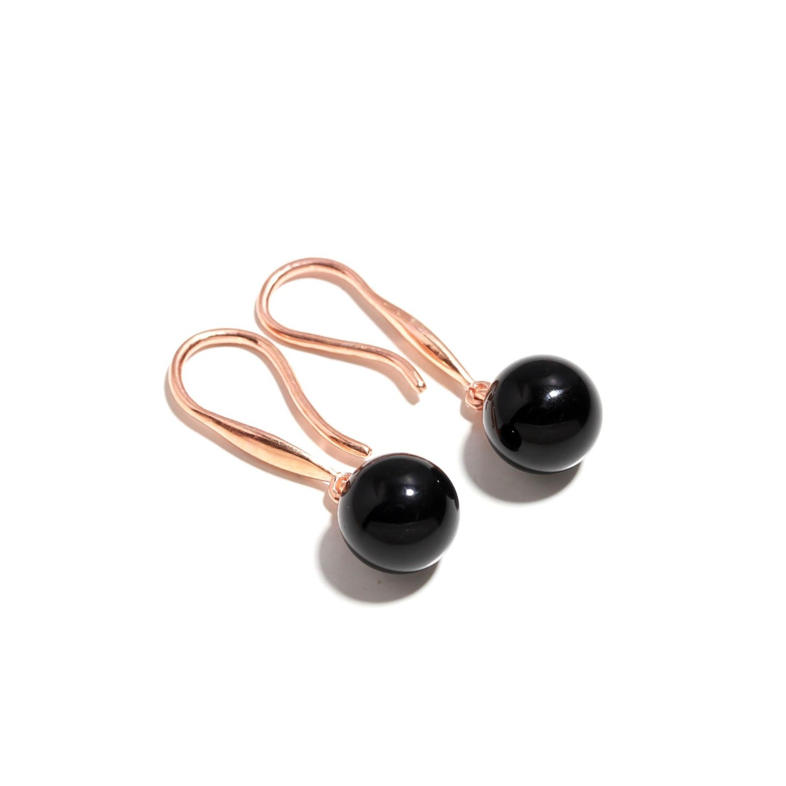 Natural Black Onyx Ball Dangle Earrings Rose Gold Plated Solid Silver Jewelry