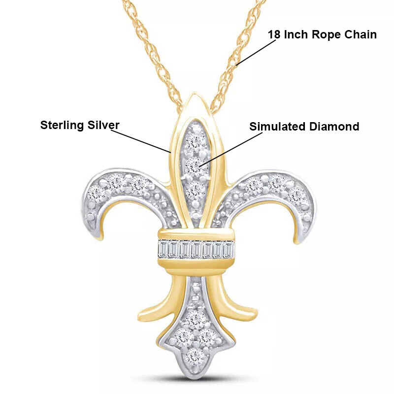 Fleur-de-Lis Pendant Necklace Simulated Diamond 14k Yellow Gold Plated Sterling