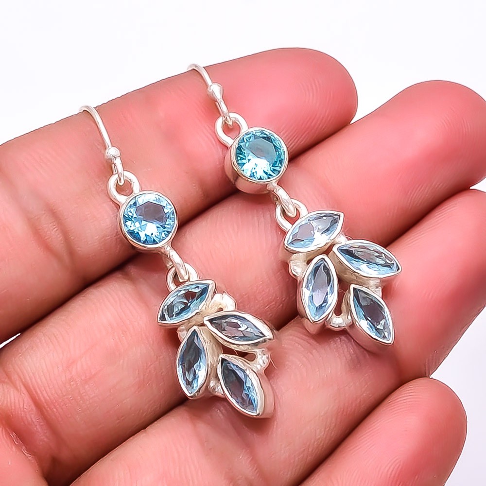 Blue Topaz Multi Collet 925 Sterling Silver Earring 2.03″ E15, Christmas Gift