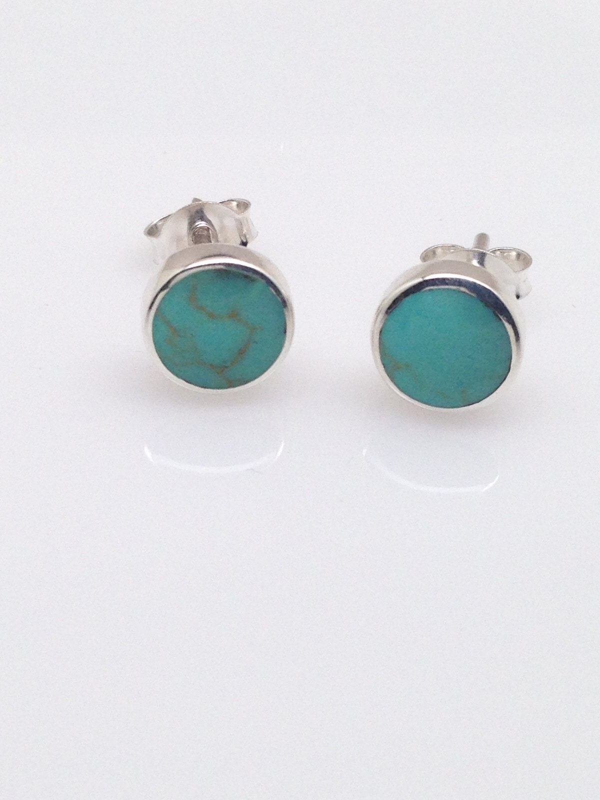 Round Turquoise Stud Earrings 925 Sterling Silver Post Small 7mm/0.28″
