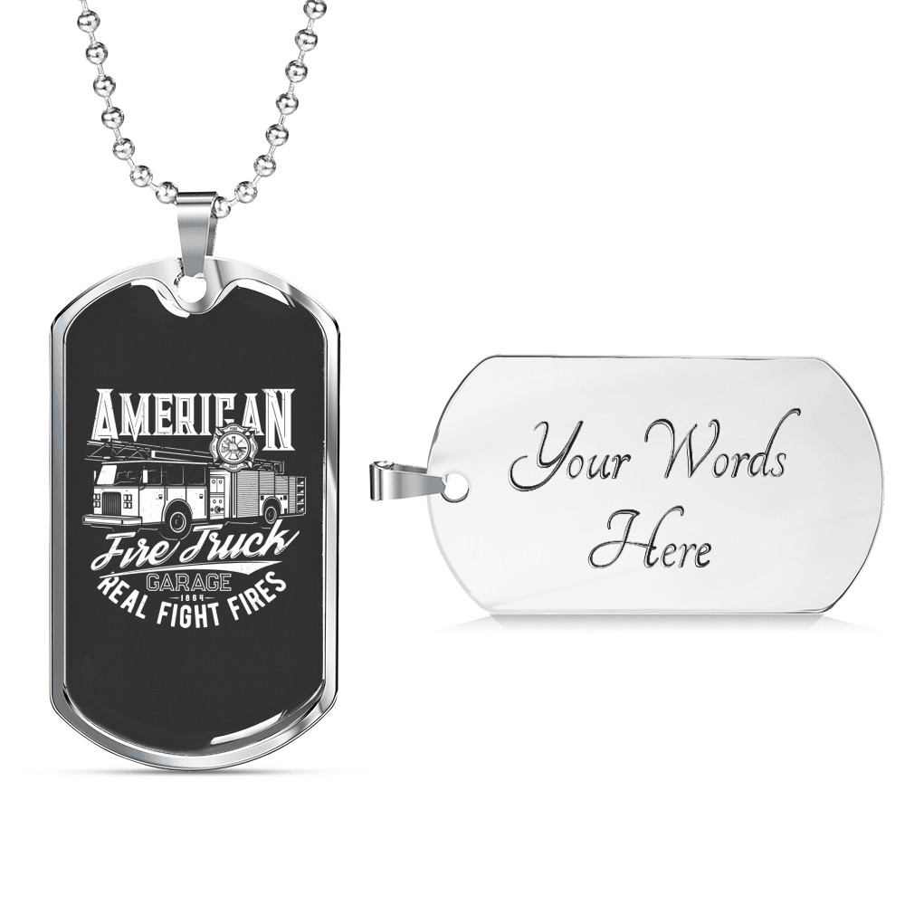 American Fire Truck Firefighter Stainless Steel or 18k Gold Dog Tag 24″ Chain