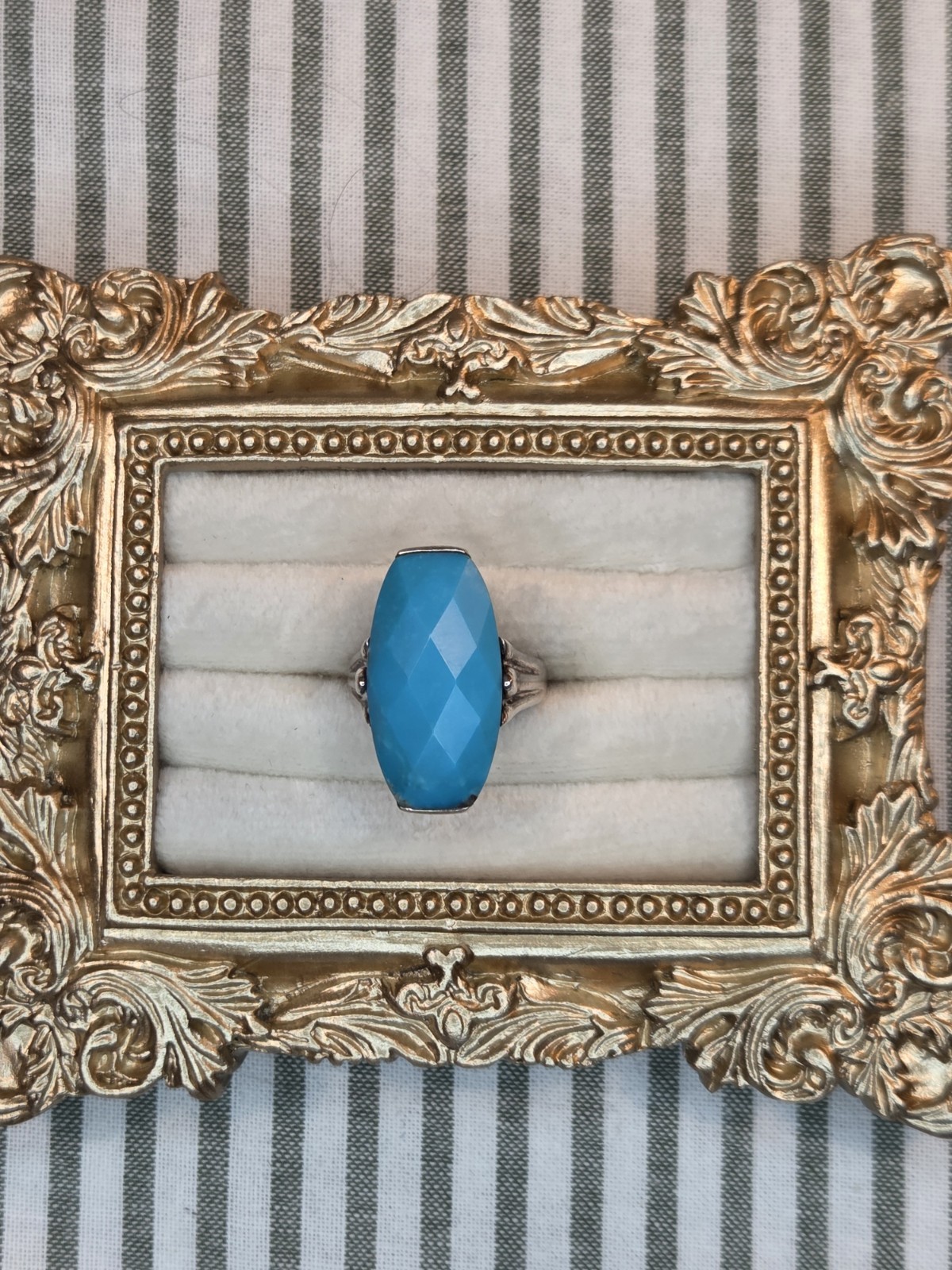 Blue Turquoise Oval Cabochon Cocktail Ring Silver Tone Bezel Set Size 7