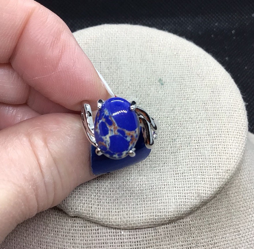 Silver Tone Blue/Tan Line Glass Stone Fashion Ring Sz 7 G387