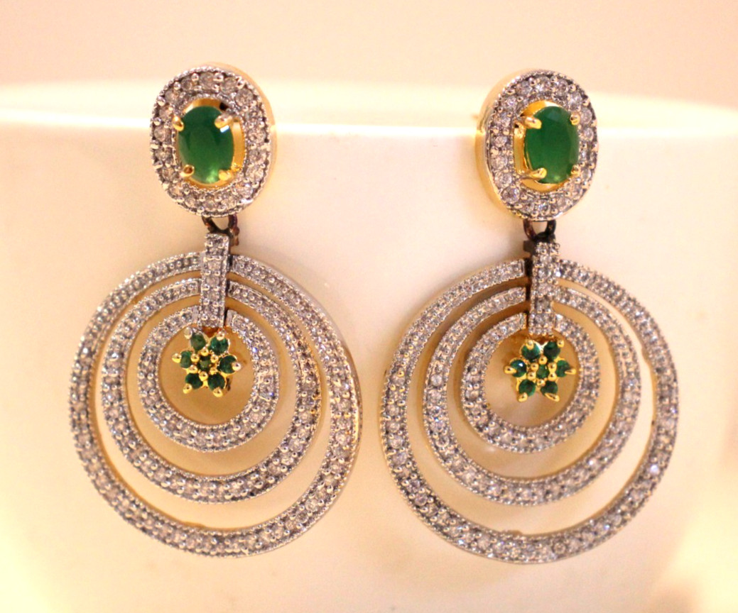 Green Cubic Zirconia CZ Cocktail Earrings Golden Brass American Diamond Dangle