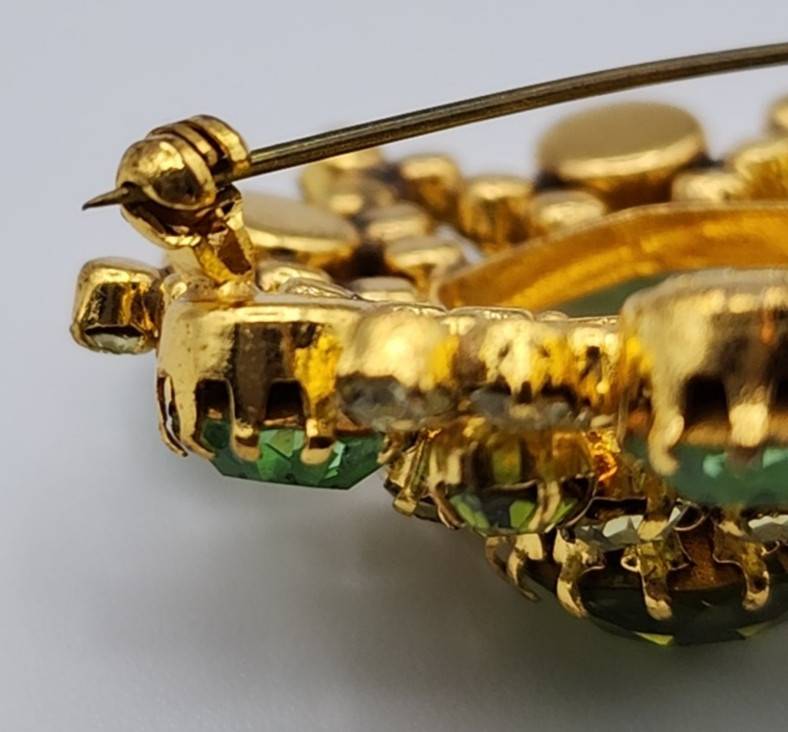 Austria Dome Brooch Green & Clear Crystal Rhinestones Small Bend in Pin