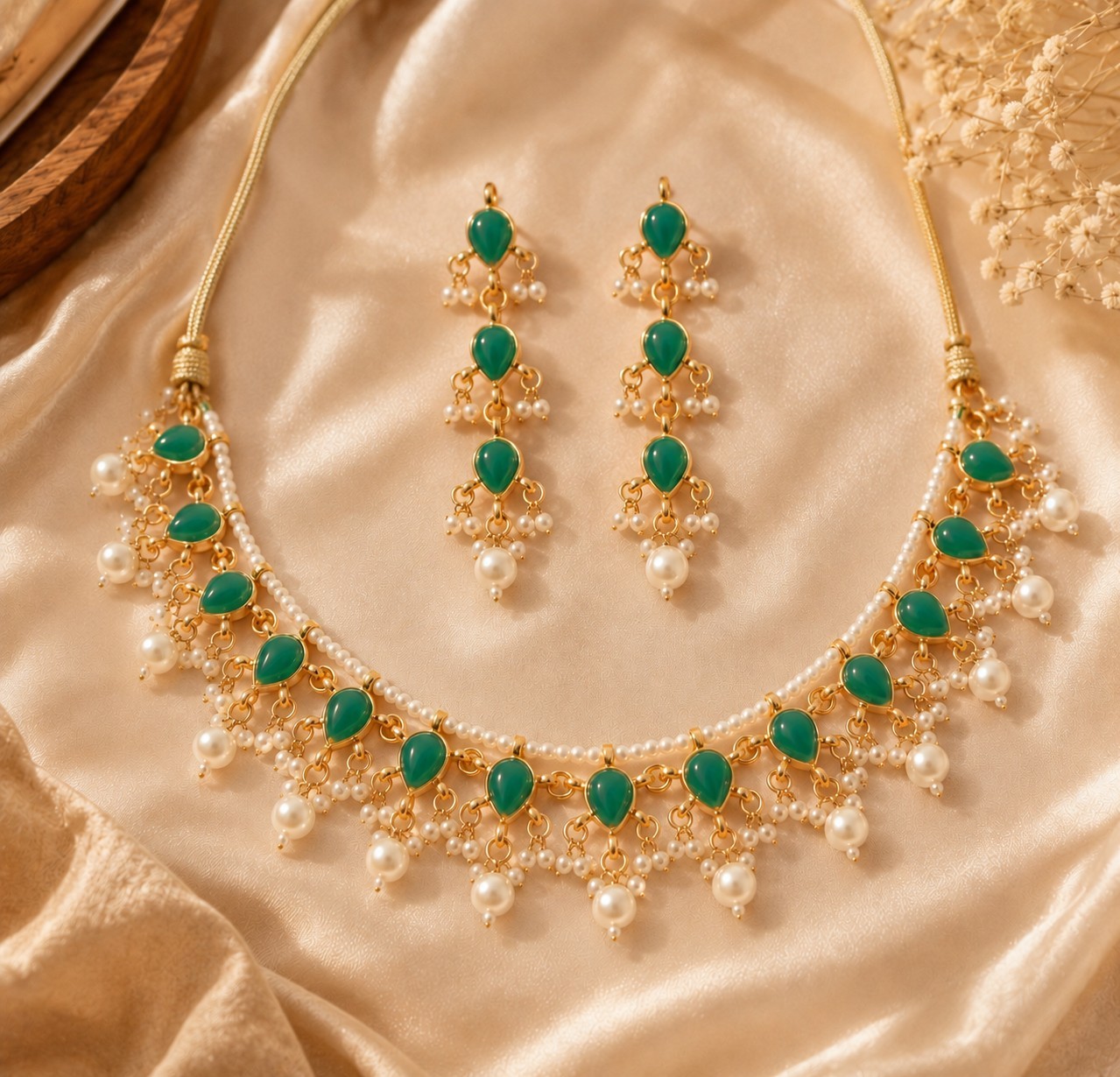 Authent Emerald Green Teardrop Pearl Necklace Set with Long Earrings Roz Jewelle