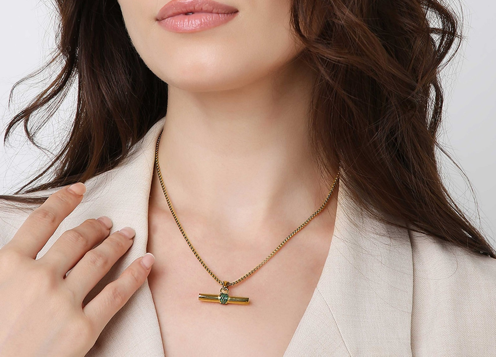 Rolo Chain Necklace Brass Metal T Bar Pendant With CZ necklace for gift
