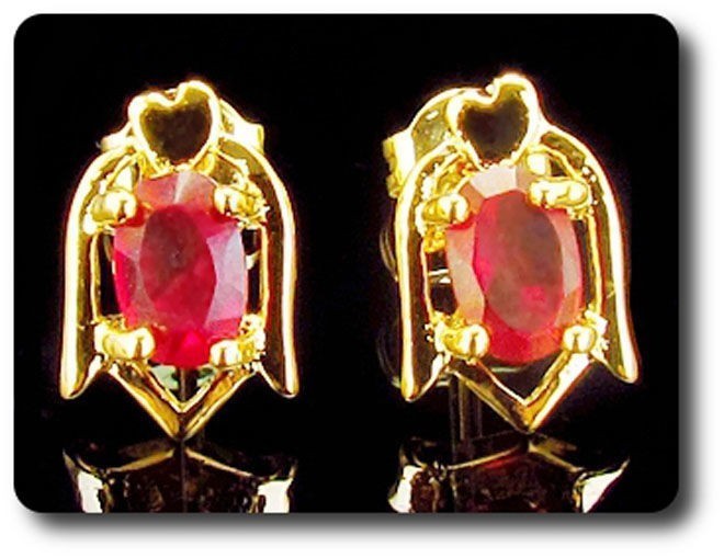 Minerals And Precious Stones. Ruby Earrings 2X7 Mm Gold Plated 18K.