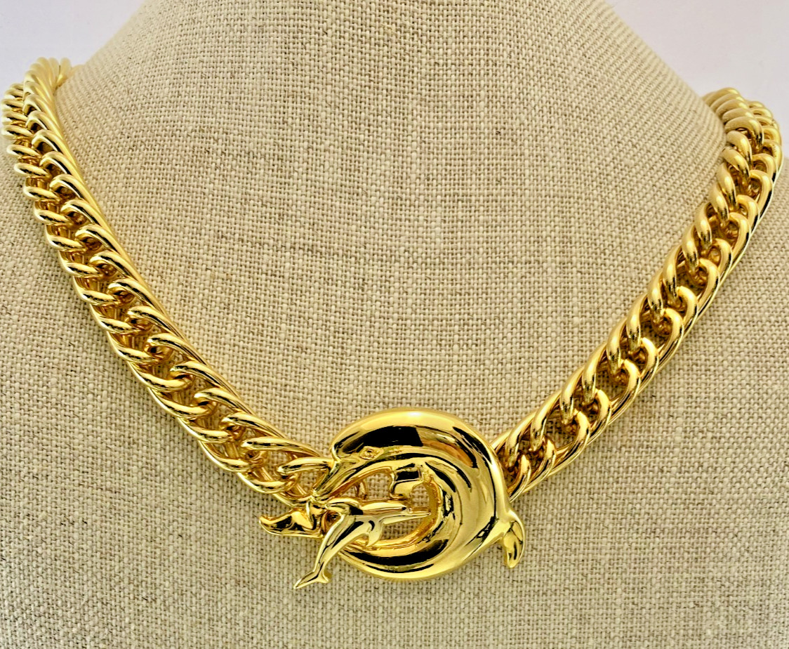 Allison Reed Dolphins Pendant Brooch Necklace Gold Plated 20″ Vintage NOS