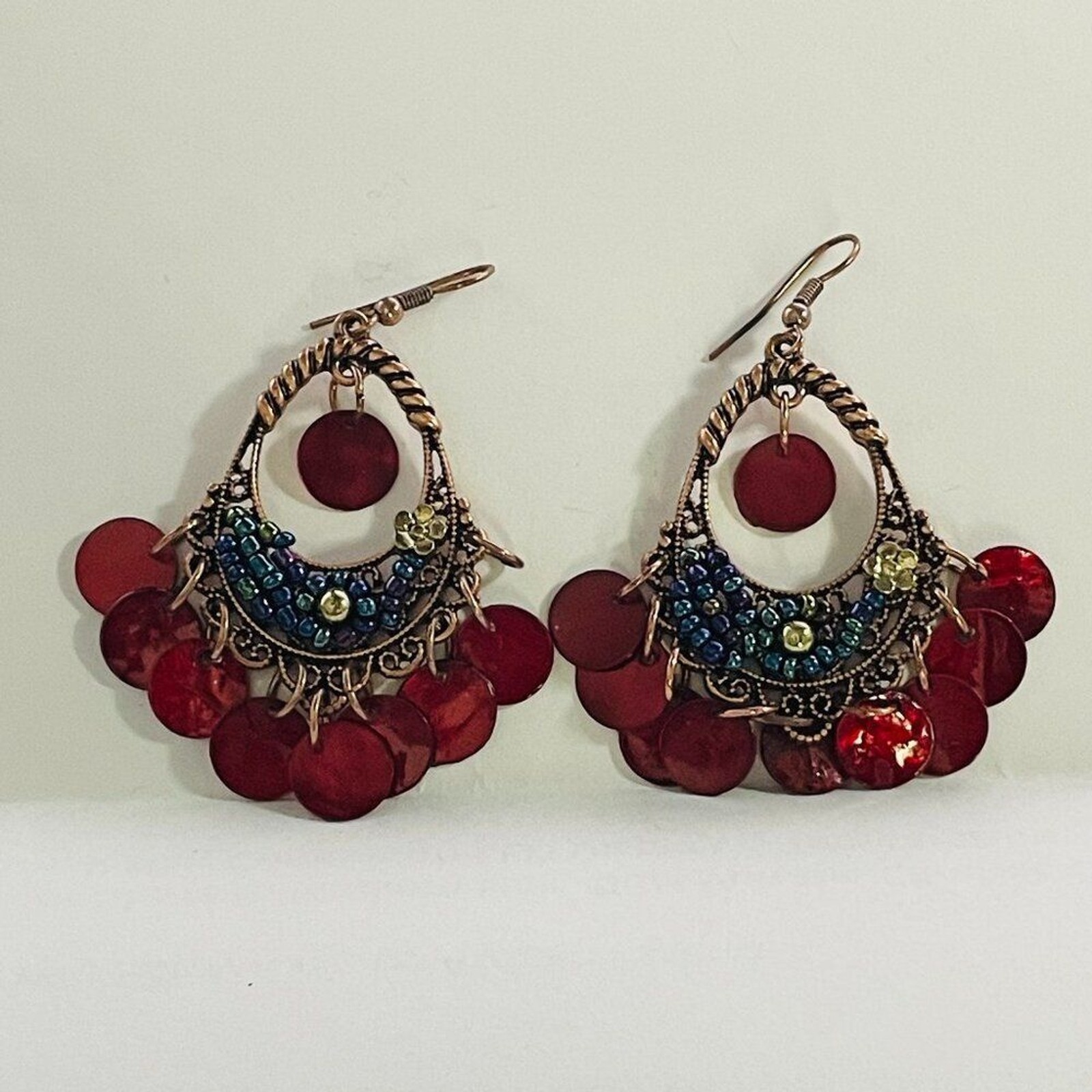 Boho Chandelier Dangle Earrings Red Shell Bead Gold Tone Festival Style