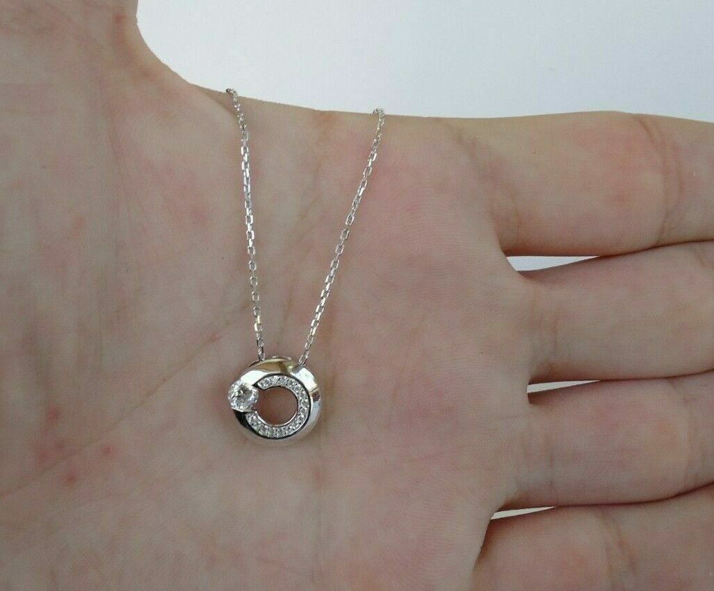 OPEN CIRCLE NECKLACE PENDANT W/ LAB SIMULATED DIAMONDS / 925 STERLING SILVER
