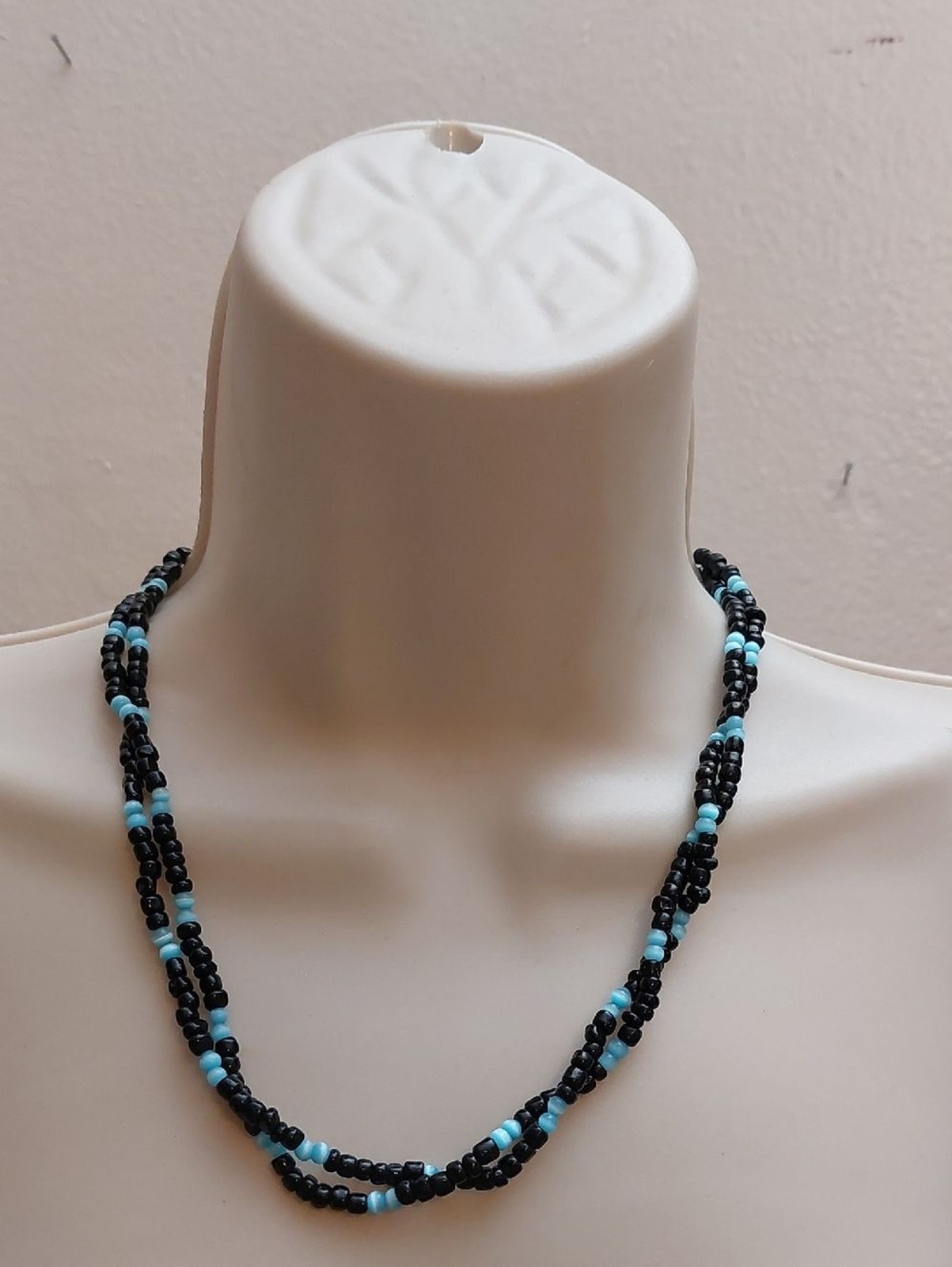 Black Blue Double Strand Bead Necklace 19 Inches Long