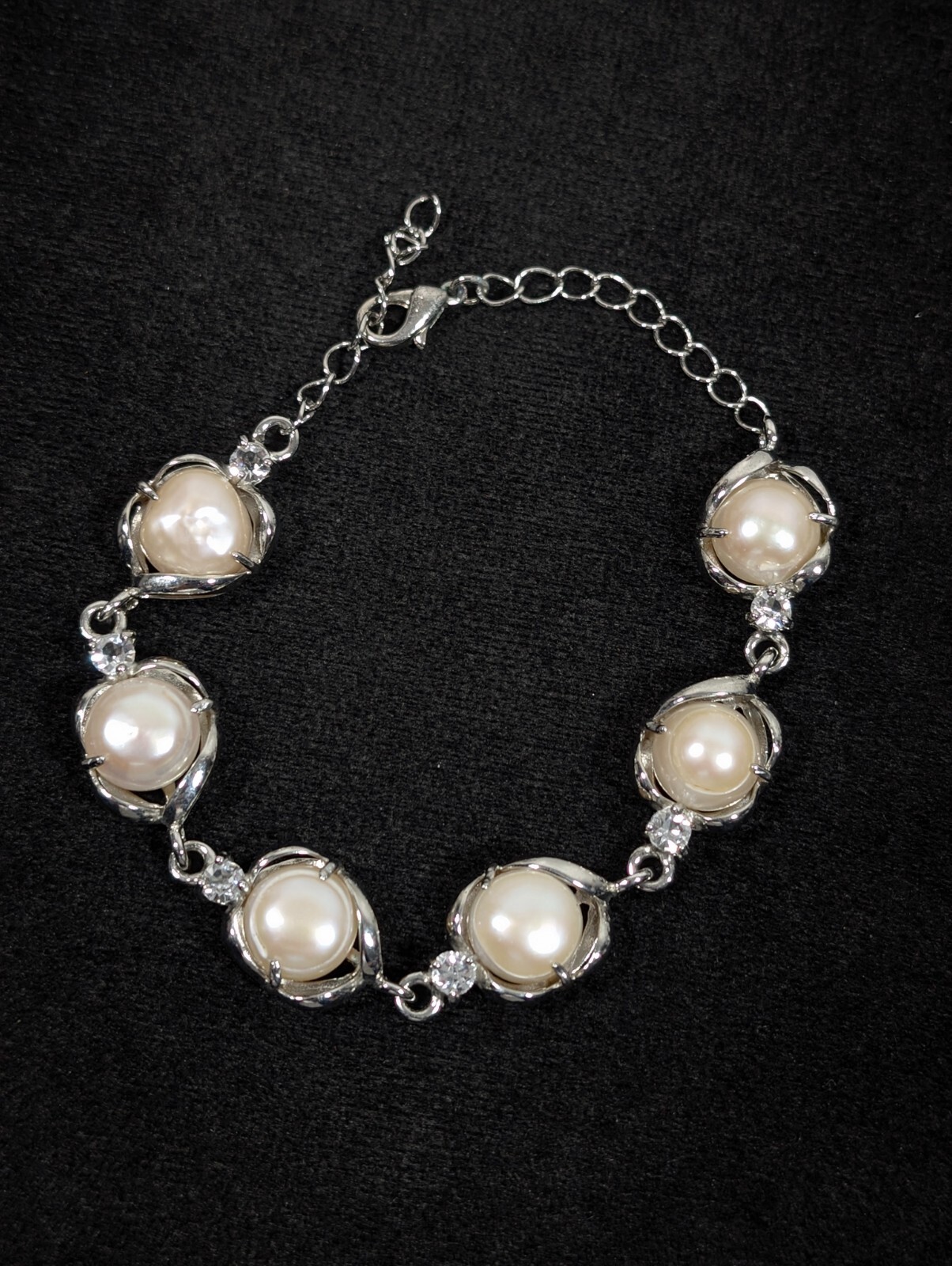 Silver Tone Baroque Button Pearl Rhinestone Tennis Bracelet Bridal Wedding 9 in