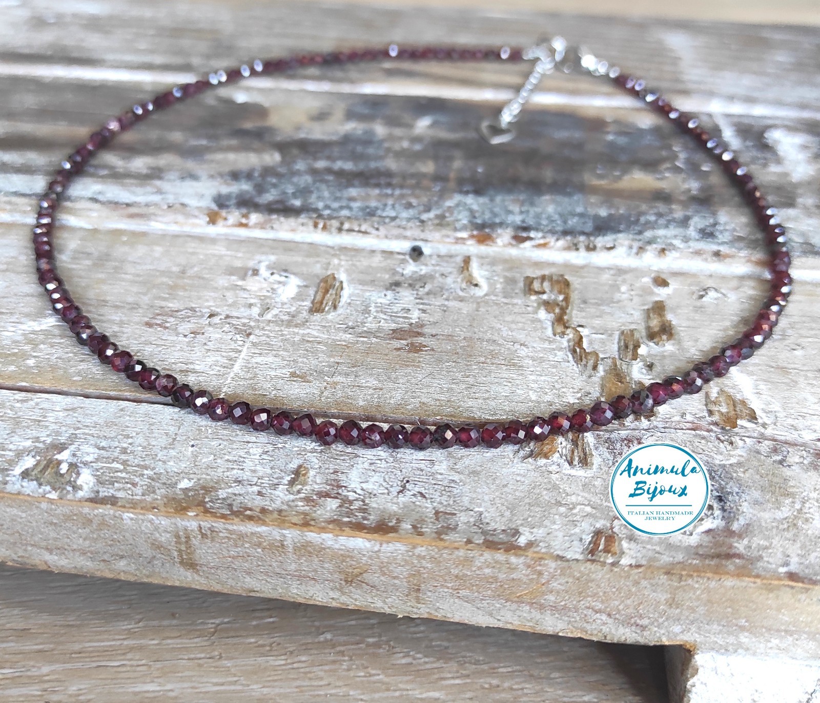 Burgundy Garnet Fine Stone Necklace, Adjustable Choker Handmade Steel Leather