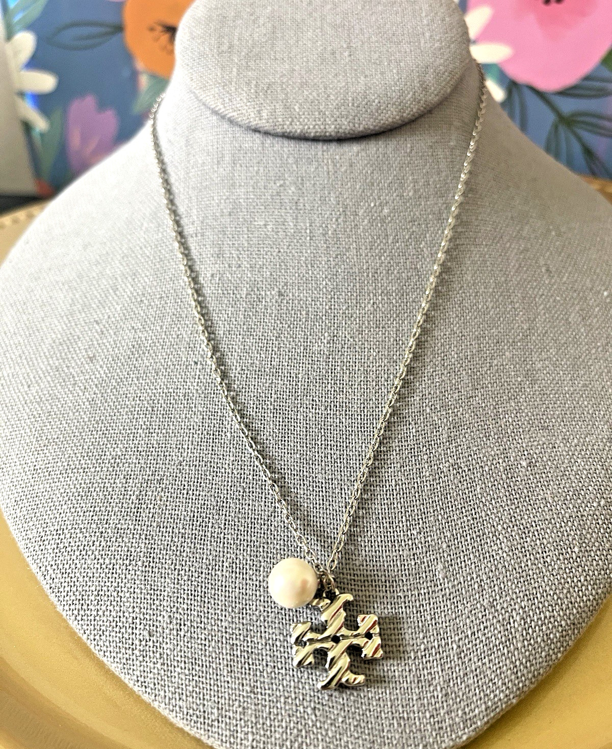Tory Burch Roxanne Double T Logo & Pearl Pendant Necklace Auth NEW w TAGS